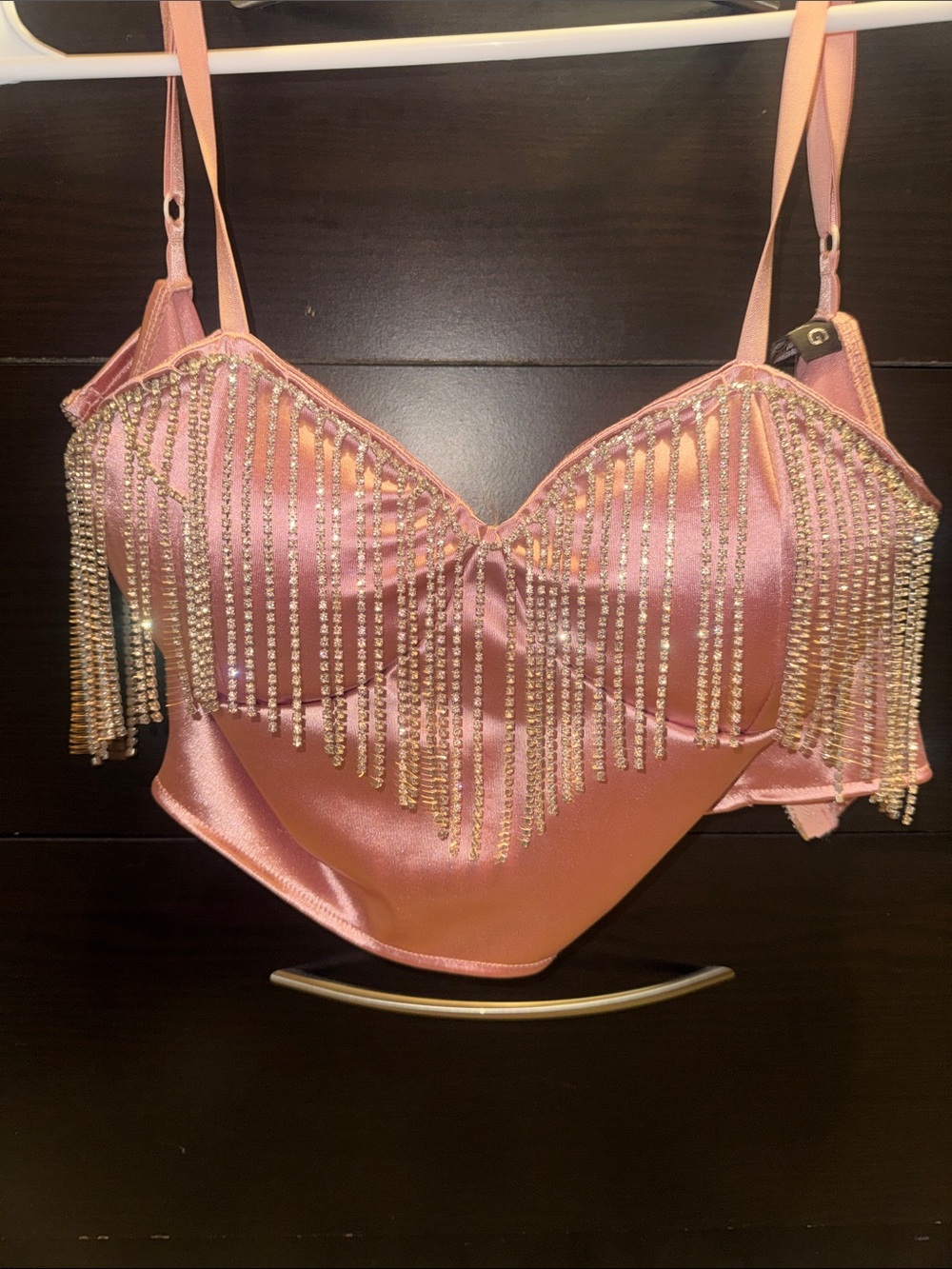 Pink Satin Crystal Fringe Crop Top